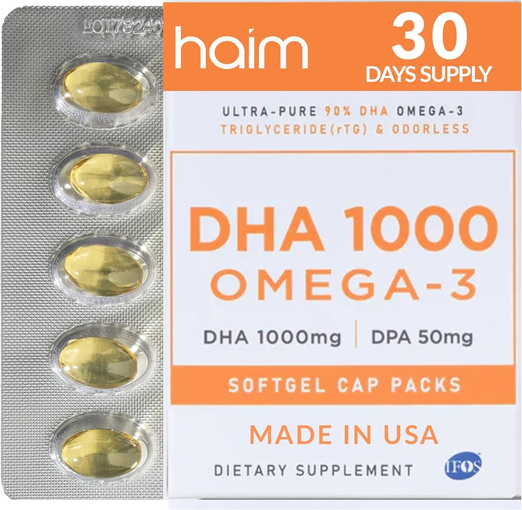 HAIM DHA 1000 Omega-3の魚油-1000mg DHA、50mg DPAの90%純度-頭脳、目及び中心サポートのための高い効力の魚油の補足-全体的なウェルネス及び焦点を促進して下さい- 1箱、60のSoftgels