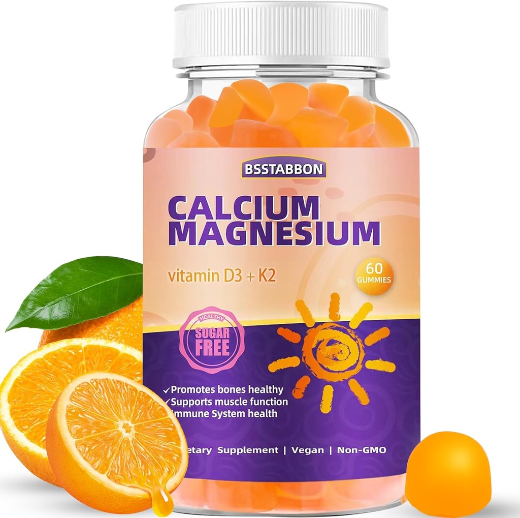 Calcium Magnesium Gummies for Adult: with Zinc Vitamin D3 K2 for Women Men Organic Sugar Free Vegan Chewable Gummy - High Absorption for Immune Strength（60count