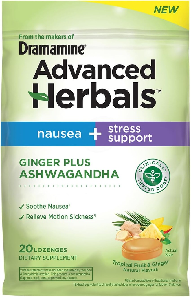 From the Makers of Dramamine, Advanced Herbals Ginger & Ashwagandha Lozenges, for Nausea Relief & Stress Support, Tropical Fruit and Ginger Flavor, 20 Count