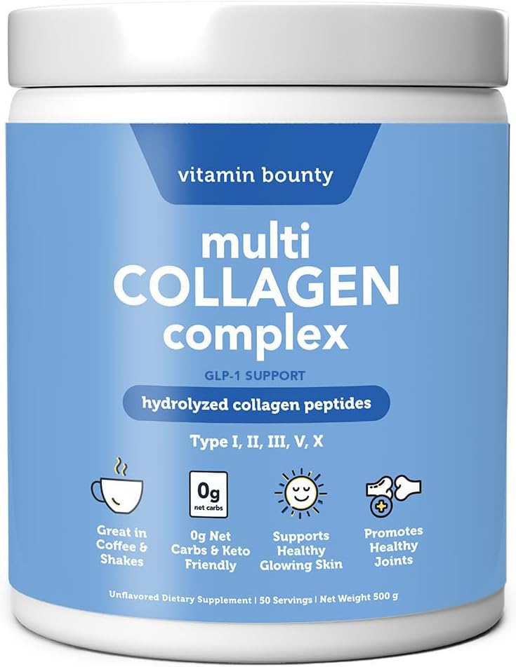 Vitamin Bounty Multi Collagen Complex - Hydrolyzed Collagen Peptides Types I, II, III, V & X - Supports Skin Elasticity, Joint Health, Hair & Nail Growth - 50 Servings