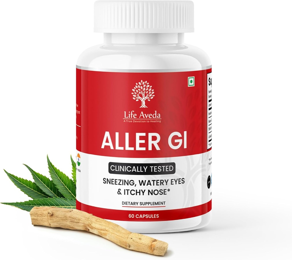 Life Aveda Aller Gi - Complete Allergy Relief Medicine (500mg) for Runny Nose, Sneezing, Itchy, Watery Eyes | All-in-One Ayurvedic Medicine for Seasonal Allergy | 60 Capsules (2 Month Supply)