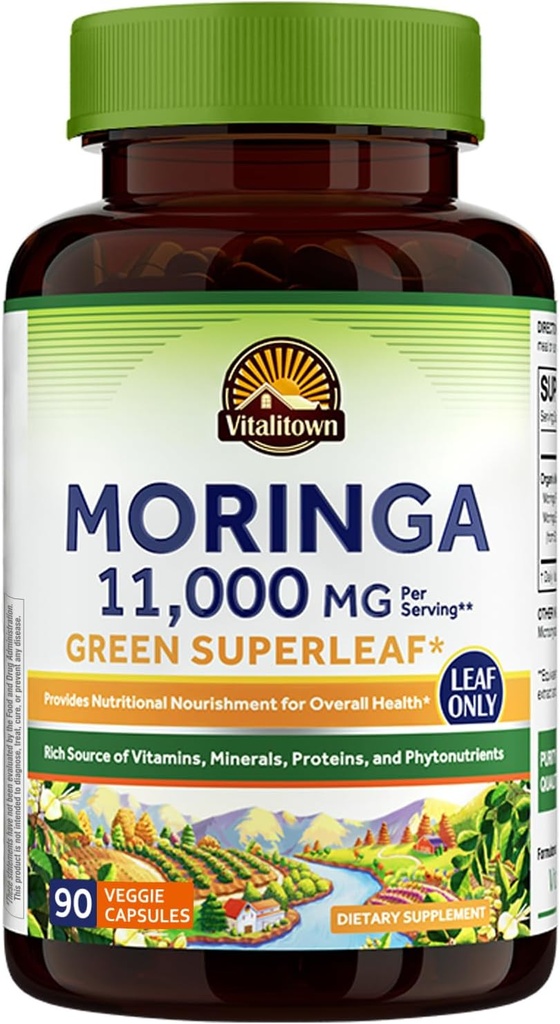 Vitalitown Moringaカプセル11,000 MG、純粋なMoringa Oleifera葉、棒無し、カフェイン無し、エネルギー、免疫、90カプセル