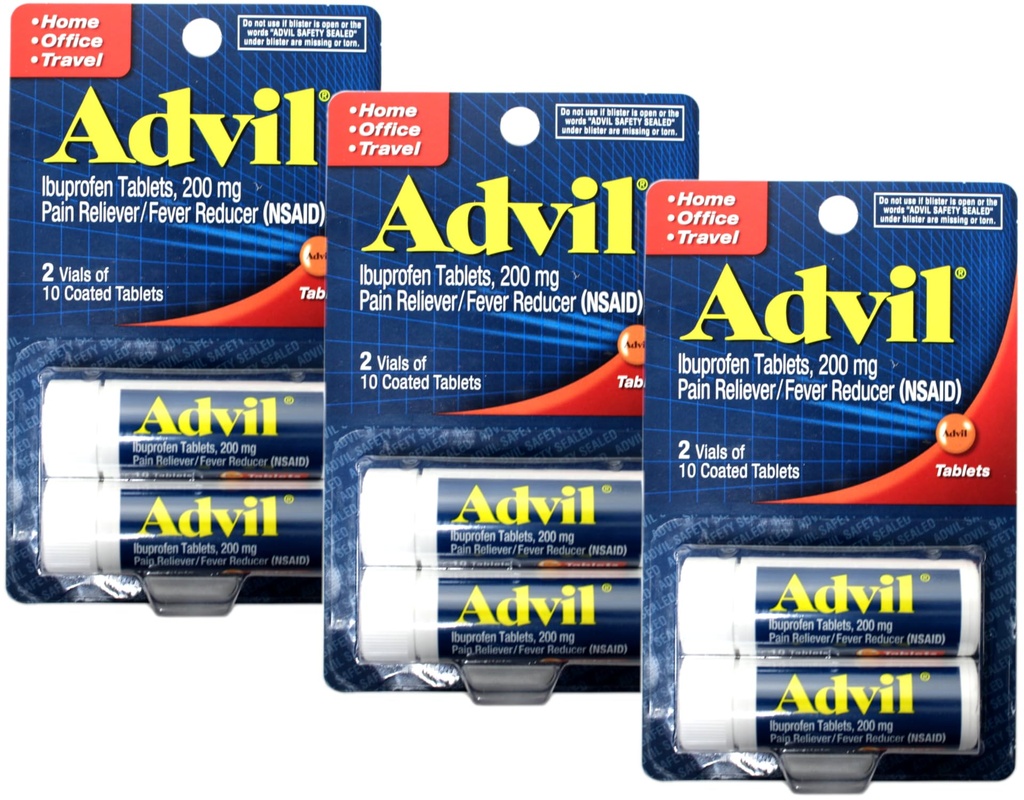 Advil Ibuprofen のタブレット 200 の mg、2 のガラスびん、10 の上塗を施してあるタブレットそれぞれ、20 の合計(3)のパック
