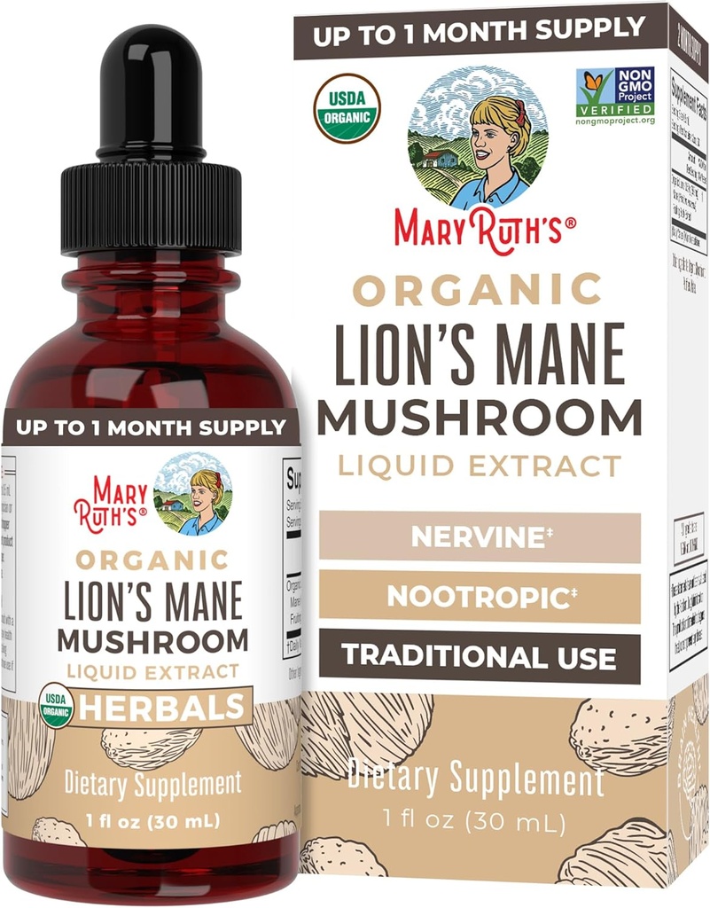 MaryRuth Organics Lions Maneキノコサプリメント、最大1ヶ月の供給、Nootropic USDA Organic Lions Mane Extract Nervine Herbal Liquid Drops、Brain Health Non-GMOビーガンアルコールFree Tincture、1 Fl Oz