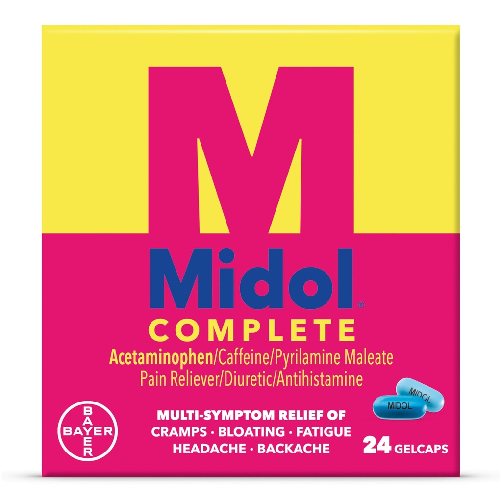 Midolの完全なゲルキャップ24ct:Menstrual Symptom、PMSの救助および期間のクランプ救助のためのアセトアミノフェンが付いているMidolの完全な月経の痛みの救助のゲルキャップ- 24の計算(包装5月Vary)