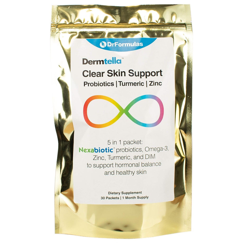 DrFormulas Dermtella クリアスキンサポートパック | 亜鉛、プロバイオティクス、ダイムの丸薬 | ネクサバイオティックプロバイオティクス、ターメリック、魚油、1ヶ月の供給のサプリメント