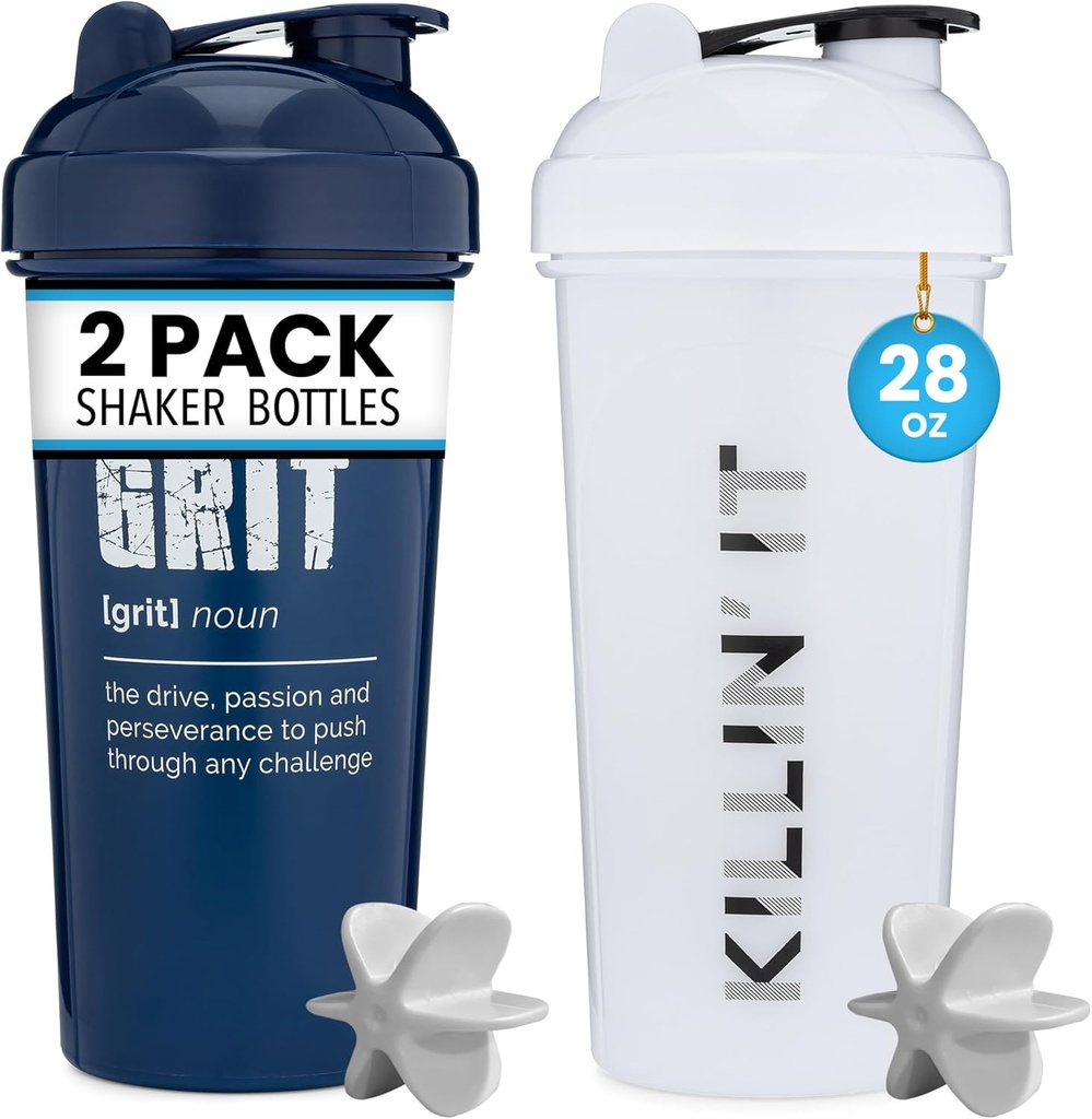 GOMOYO [2 Pack] 28oz Shaker Bottle with Motivational Quotes (White Killin' It & Navy Grit) | Protein Mixer Agitators for Mixes Pack is BPA Free Dishwasher Safe