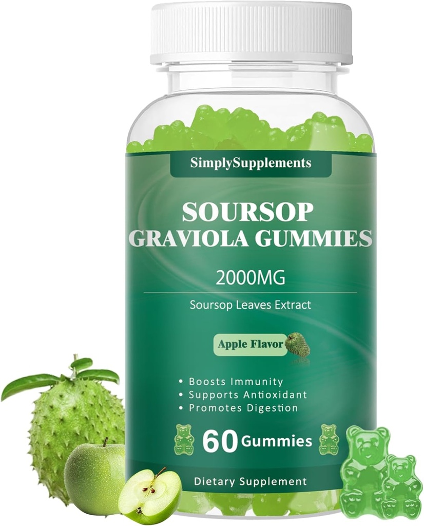 Soursop Graviola Gummies、有機Soursopは、抗酸化剤、免疫サポート&消化プロモーション、ビーガン - グリーンアップルフレーバー - 60グミ