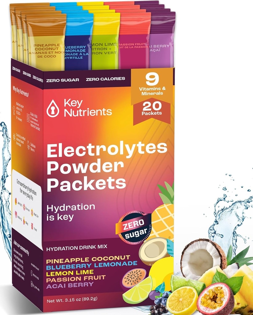 KEY NUTRIENTS Electrolytes Powder Packets No Sugar - 5 Delicious Flavors in Hydration Packets 20 Pack - No Calories, Gluten Free Electrolytes Powder Packets, Non GMO, Made in USA