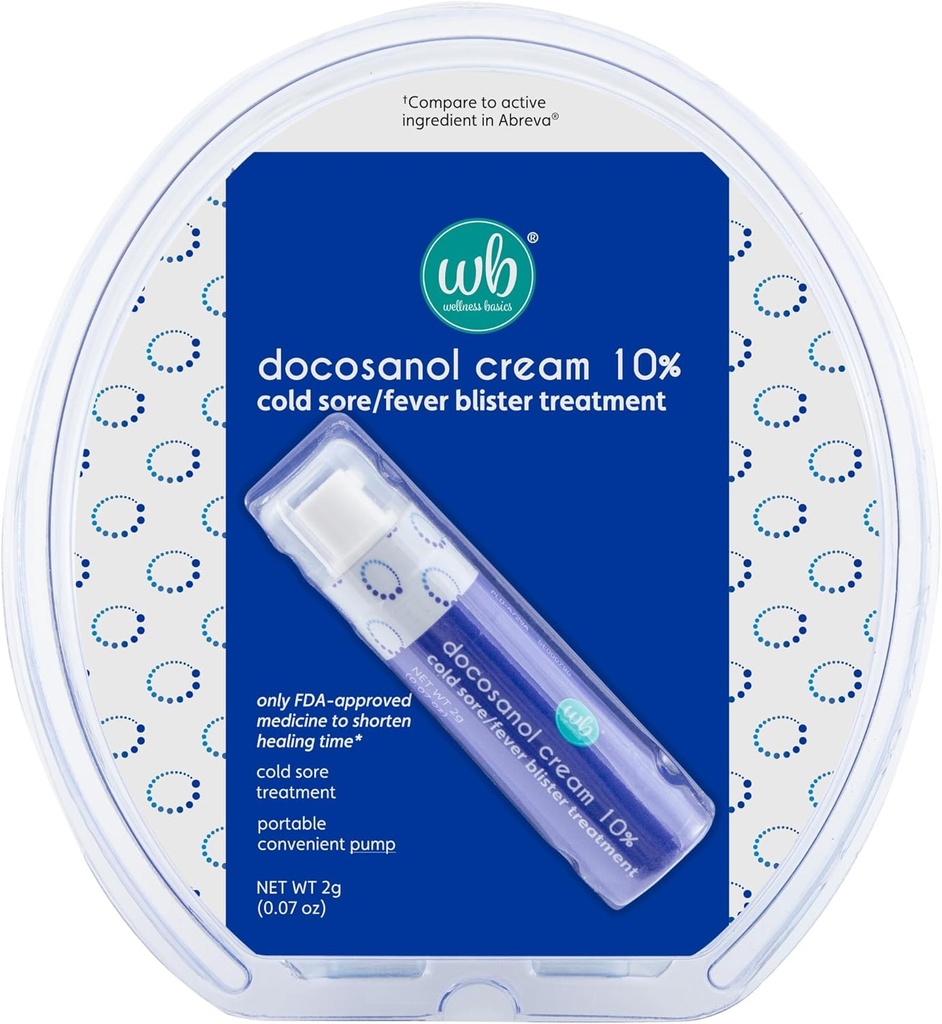 Wellness Basics Docosanol Cream 10% | Cold Sore Treatment | Shortens Healing Time | 0.07 oz - Pump