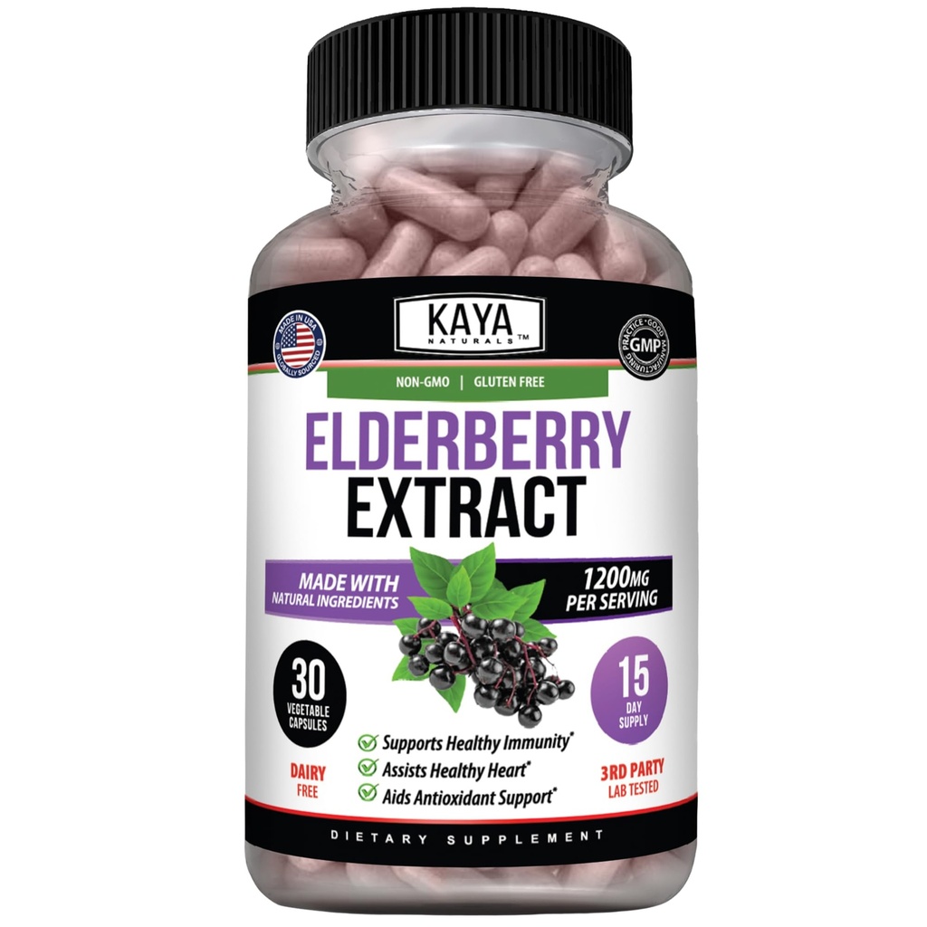 Kaya Naturalsエルダーベリー免疫サポート - エルダーベリーエキス、豊富な抗酸化剤プレミアムビタミン、1200mg免疫システムブースターサムブカスカプセル - 30カウント