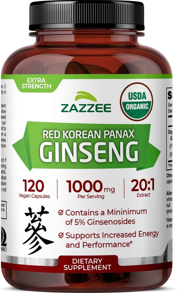 Zazzee USDA Organic Red Korean Panax Ginseng 20:1 Extract, 1000 mg, 5% Ginsenosides, 120 Vegan Capsules, Standardized and Concentrated 20X Root Extract, 100% Vegetarian, All-Natural, Made in The USA