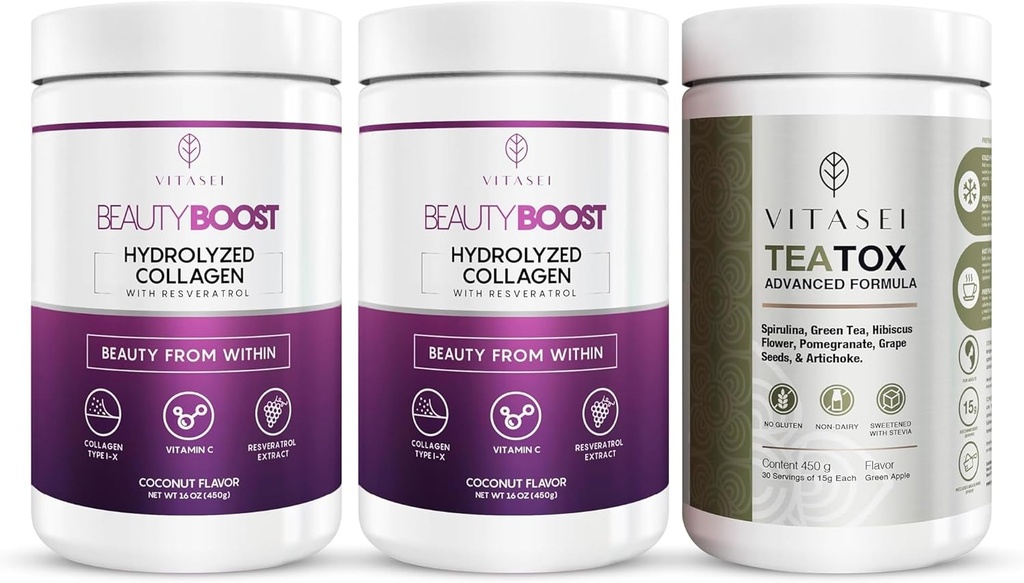 VITASEI Hydrolyzed Collagen Peptides Powder with Vitamin C & Resveratrol and Teatox Cleanse Support Powder, Digestion Booster W/Green Tea, Spirulina, Artichoke