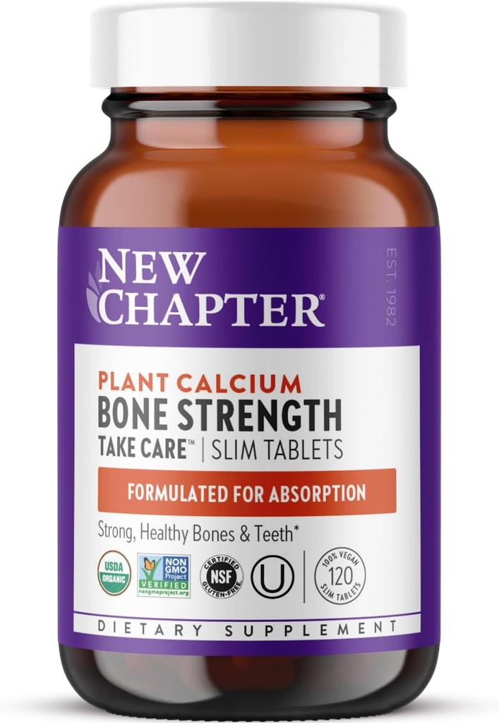 New Chapter Calcium Supplement - Bone Strength Organic Calcium with Magnesium, Vitamin D3+K2, 70+ Trace Minerals for Bone Health, Gluten Free, Easy to Swallow Slim Tablets - 120 Count