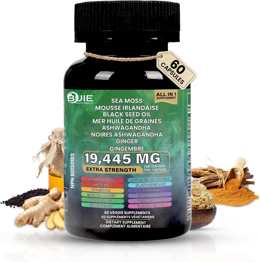 Sea Moss Capsules (Ginger) | 60 Capsules | Irish Moss with Black Seed Oil, Ashwagandha & Ginger | Seamoss Superfood for Energy, Immunity, Joint & Skin Health | Vegan, Non-GMO Supplement