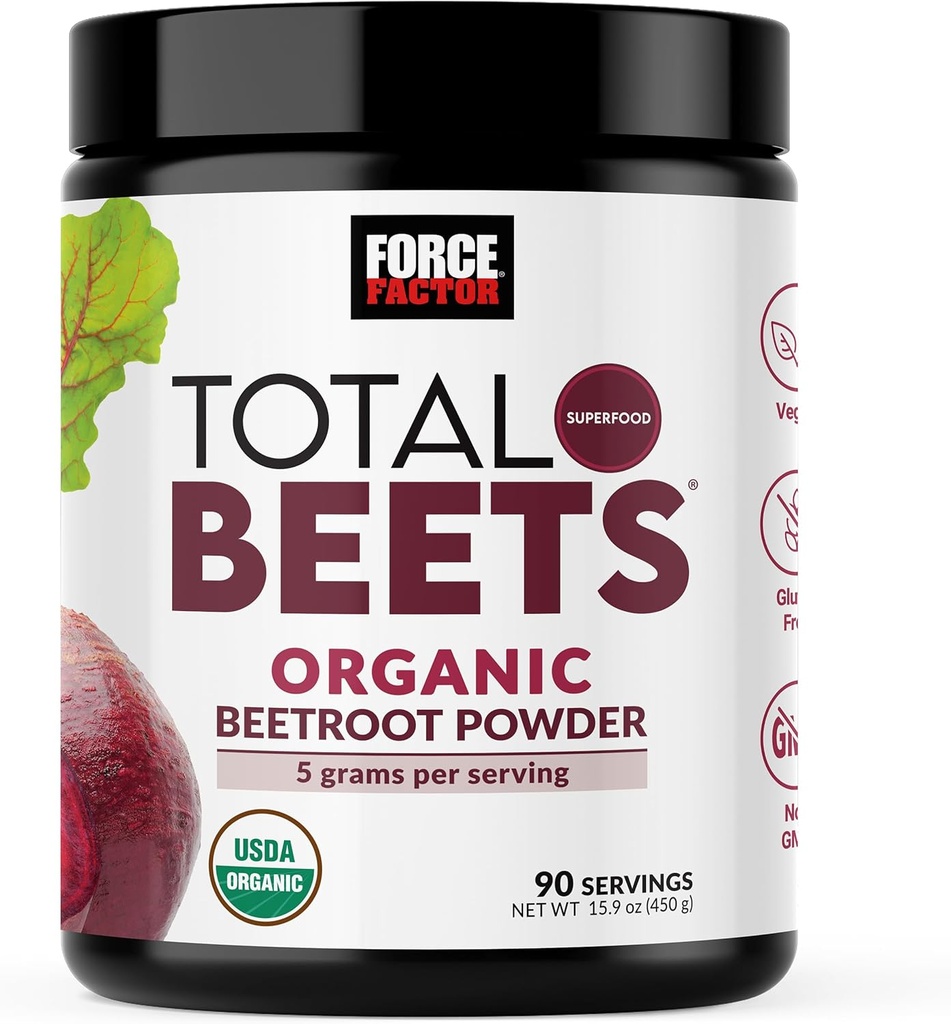 Force Factor Total Beets Organic Beetroot Powder Superfood to Boost Daily Nutrition, USDA Organic, Vegan, Gluten-Free, and Non-GMO Beet Supplement, Unflavored, 90 Servings