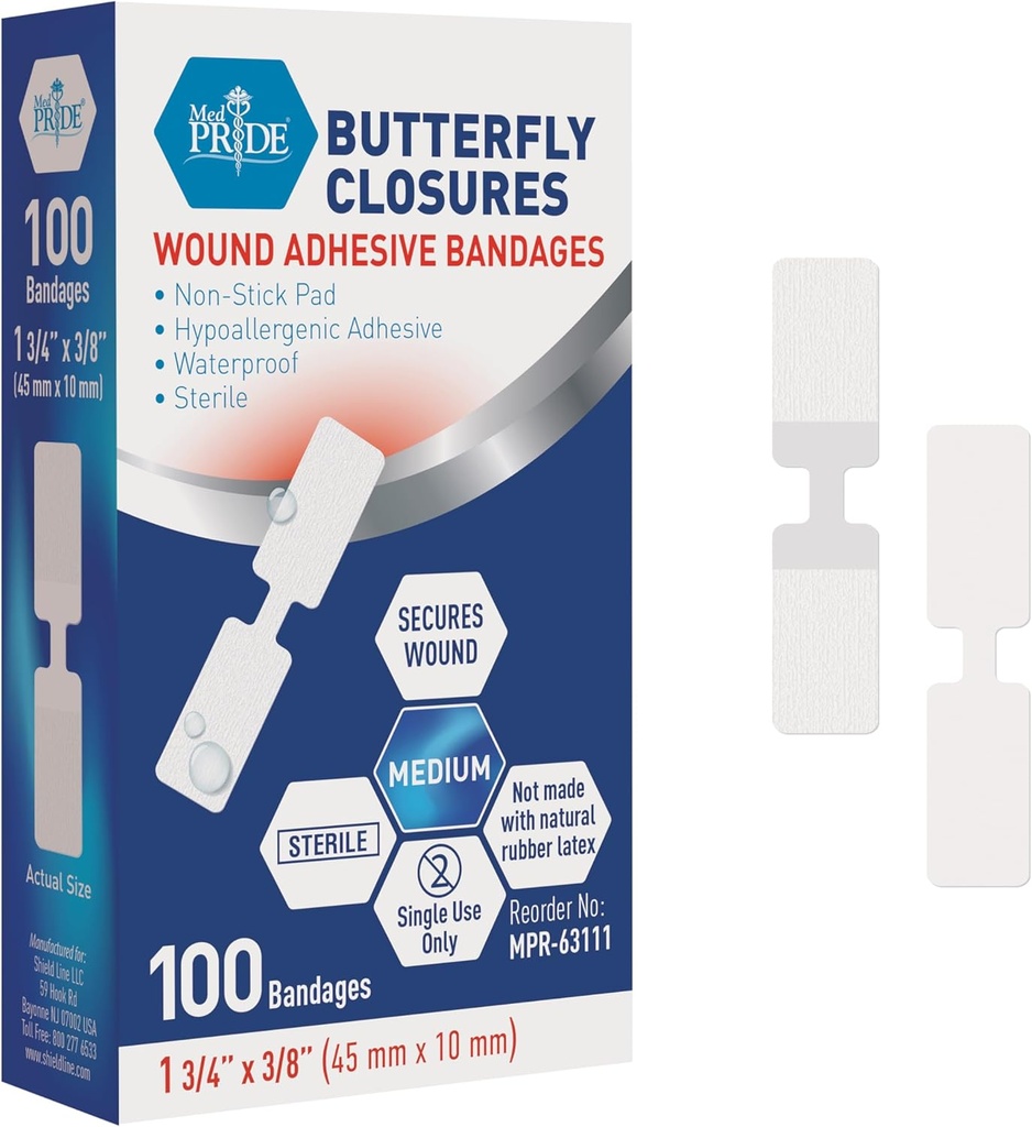 MED PRIDE Butterfly Wound Closure Strips Pack of 100 Sterile Nonstick Hypoallergenic Latex Free Bandages for Cuts and Injuries (Medium)