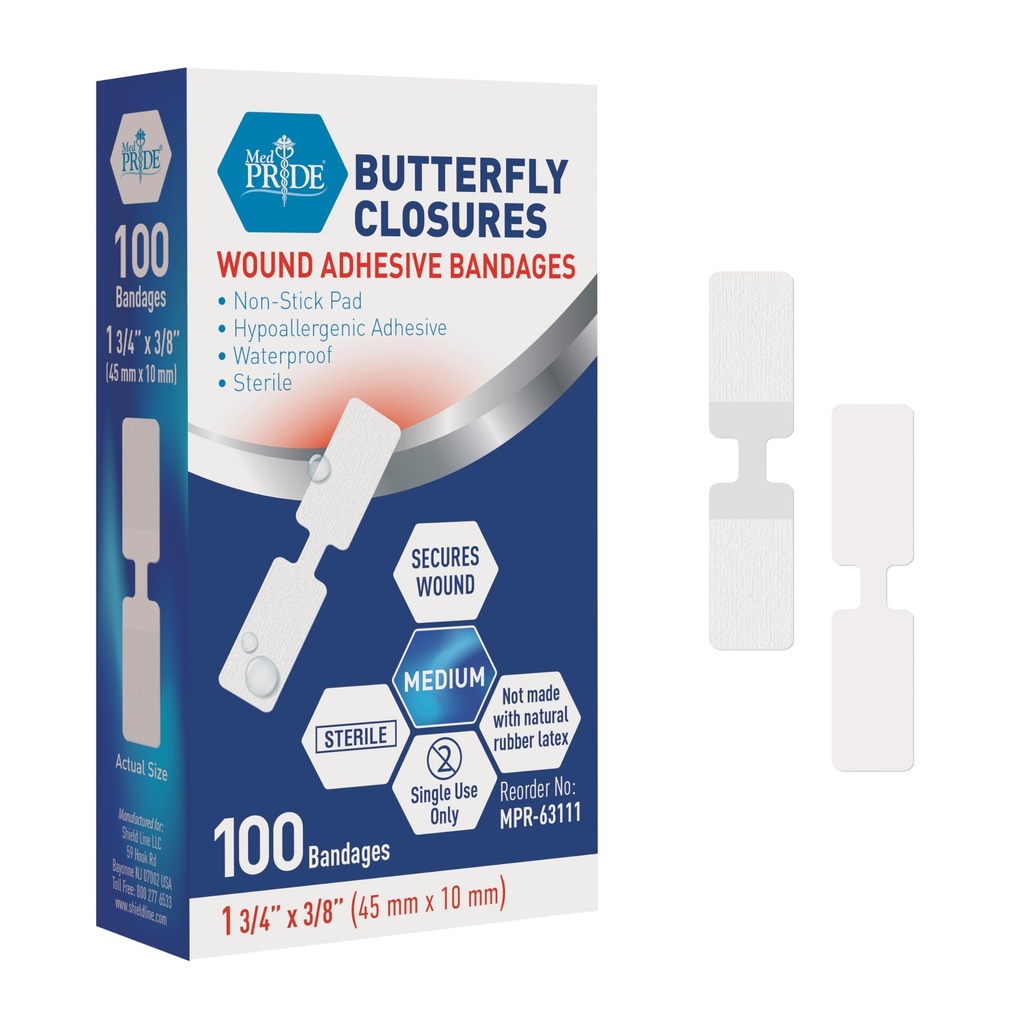 MED PRIDEの蝶傷の閉鎖は100の生殖不能のNonstick Hypoallergenic乳液のパックを切口および傷害(中)のための自由な包帯詰めます