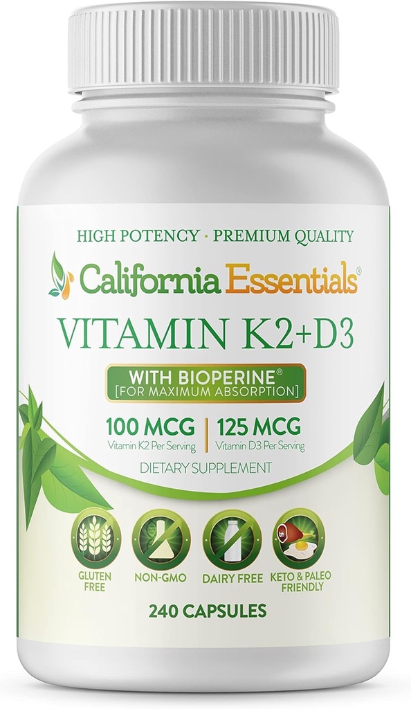 カリフォルニアエッセンシャルビタミンK2 + VIT D3 5000 IU - 心臓、骨、免疫サポートサプリメント - 非GMO、酪農場/大豆フリー - 240 Veggieカプセル