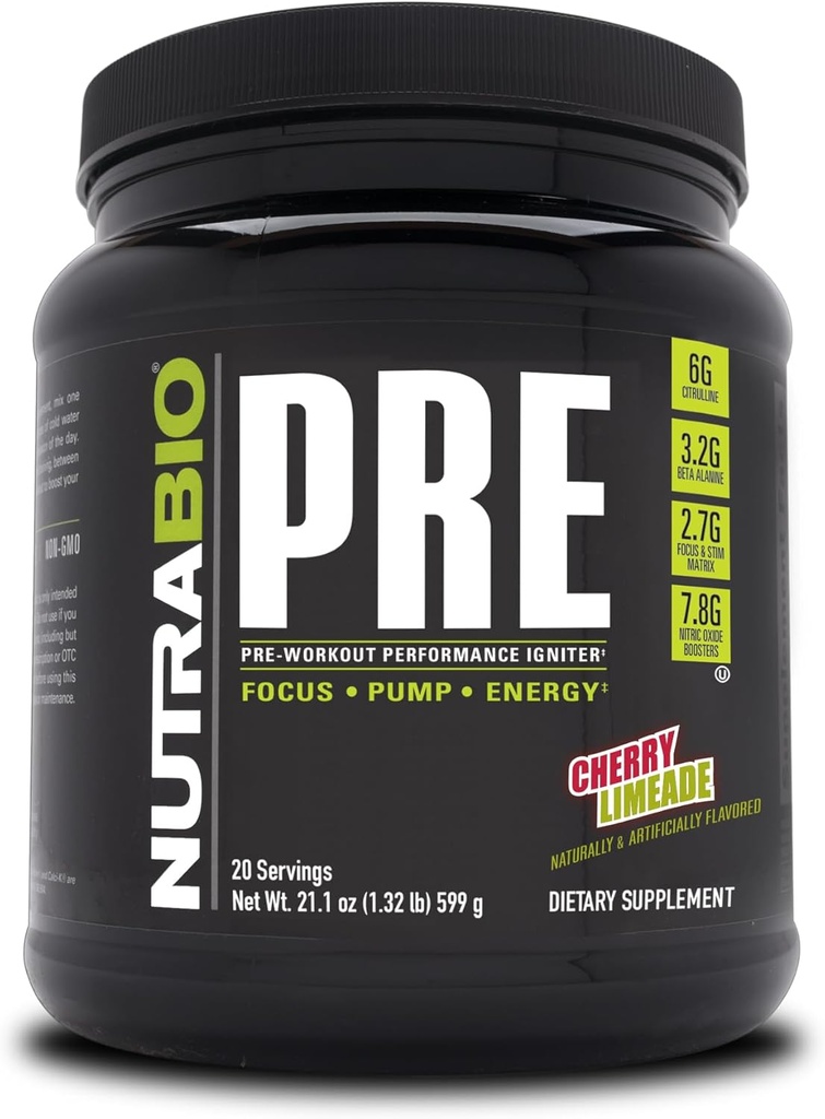 NutraBioプリワークアウトパウダー - 古いフォーミュラ - 持続エネルギー、メンタルフォーカス、耐久性 - Beta Alanine、クレアチン、カフェイン、電解液 - 20 サービング - チェリーリメード