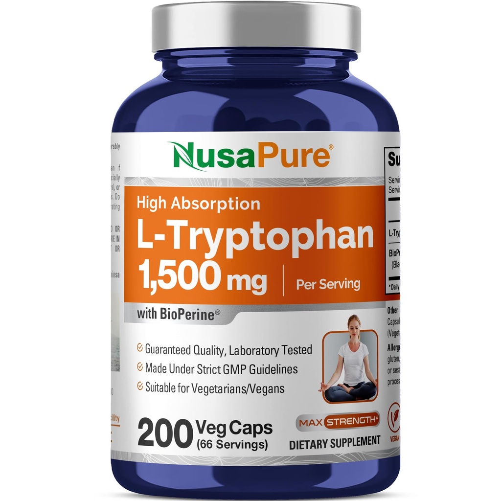NusaPure L-Tryptophan 1500mg 200 ベジタリアンキャップ (非GMO、ビーガン) バイオペリン