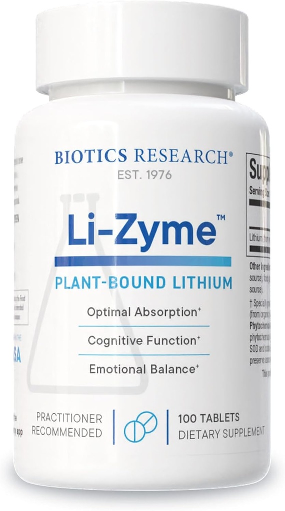 Biotics Research Li Zyme 50 micrograms, Lithium as a Whole Food, phytochemically Bound Lithium, Highly bioavailable, Supports Brain Function, Memory and Mood Support, 100 Tablets