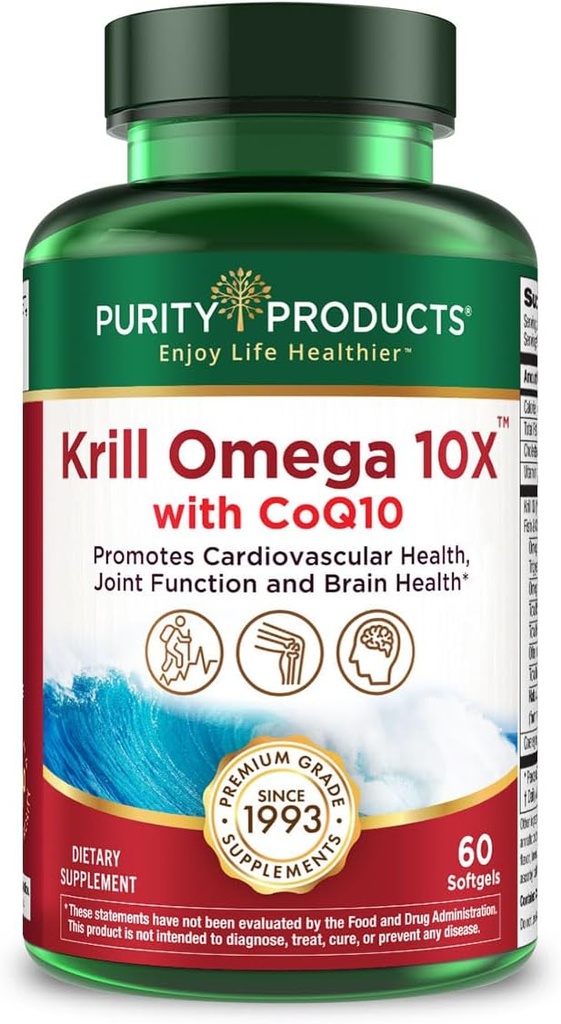 Krill Omega 10X more EPA & DHA with CoQ10 Super Formula from Purity Products. 60 SOFT GELS
