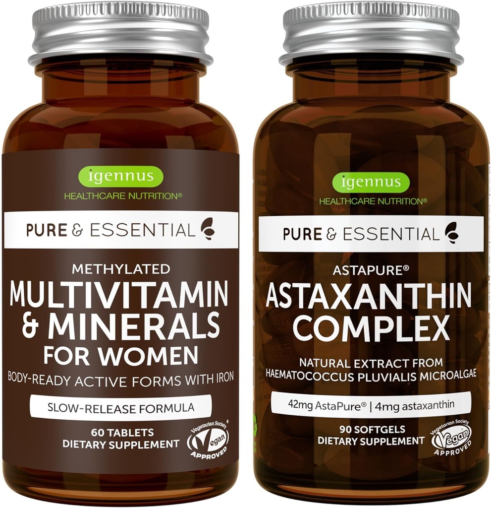 Multivitamin & Minerals for Women + Astaxanthin Complex Vegan Bundle, Sustained Release Advanced Multivitamin with Iron + Natural 4 mg H. Pluvialis Astaxanthin, by Igennus