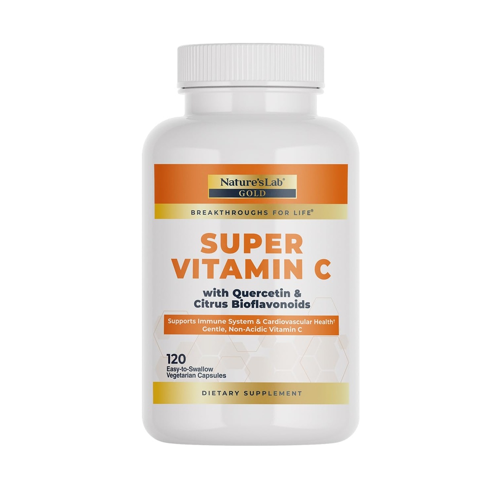 Nature's Lab Gold Super Vitamin C 1000mg - Immune System Support - Bioflavonoids Complex & Quercetin - Non-Acidic、非GMO、グルテンフリー、ビーガン - 120カプセル(2ヶ月の供給)