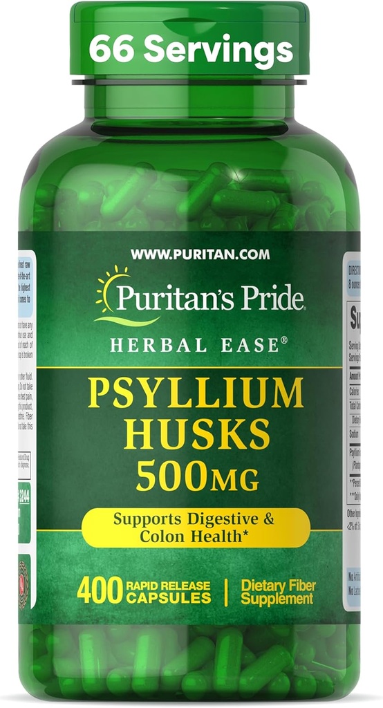 Puritan's Pride Herbal Ease® Psyllium Husks 500mg、Digestive、コロン、ハートヘルスサポート、デイリーファイバーカプセル、2ヶ月の供給、400迅速なリリースカプセル