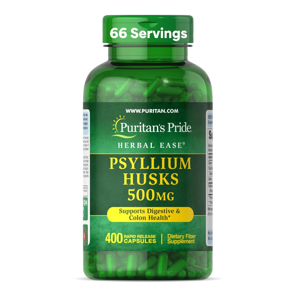 Puritan's Pride Herbal Ease® Psyllium Husks 500mg、Digestive、コロン、ハートヘルスサポート、デイリーファイバーカプセル、2ヶ月の供給、400迅速なリリースカプセル