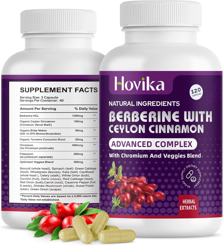 ベルベリンHCLカプセル1200mg - セイロンシナモン、クロム、ベジーブレンド - メタボリズムと免疫システムをサポート、腸の健康 - 120カラット簡単にスワロービーガンピルス