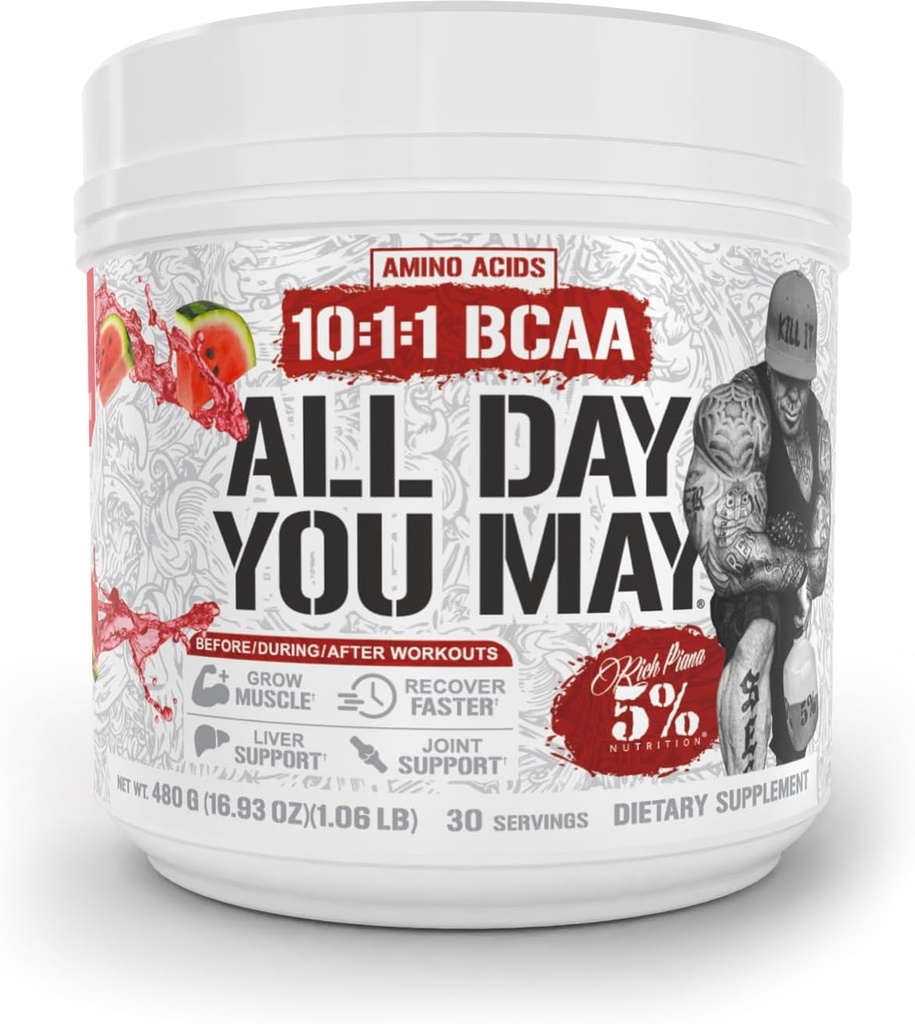 5% Nutrition Rich Piana AllDayYouMay BCAA Powder | Premium Intra & Post Workout Amino Acids, EAA, Electrolytes | Hydration, Endurance, Recovery | Vegan & Keto | 16.9 oz, 30 Srvgs (Watermelon)