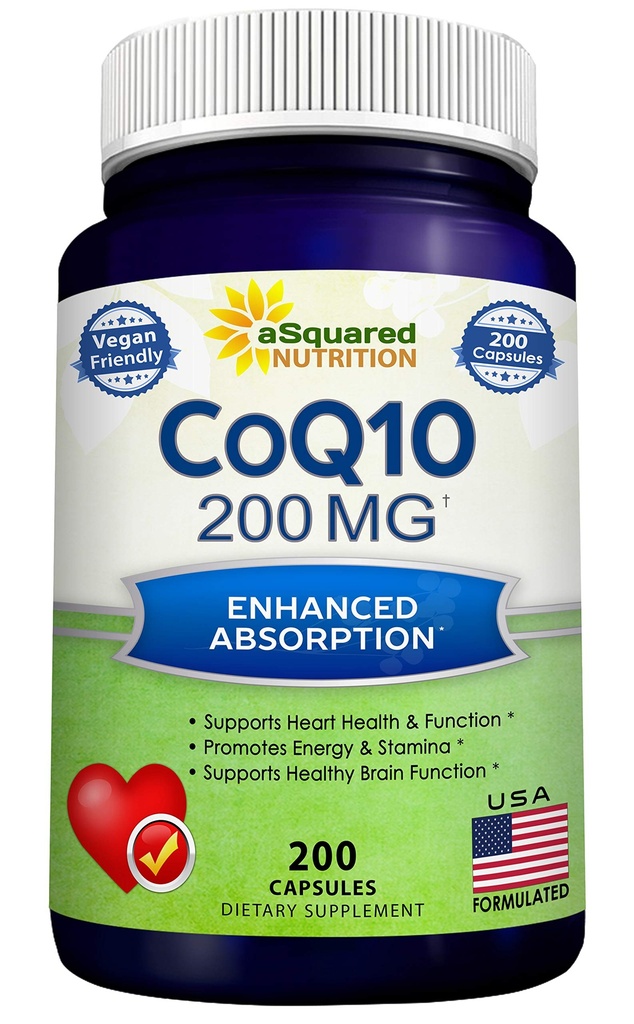 aSquared栄養CoQ10(200カプセルと200mg) - 高吸収ビーガンCO Q-10パウダー - Enzyme Ubiquinoneサプリメントピル、余分な酸化防止補酵素Q10ビタミン、Coq 10 SoftgelsにAlernative