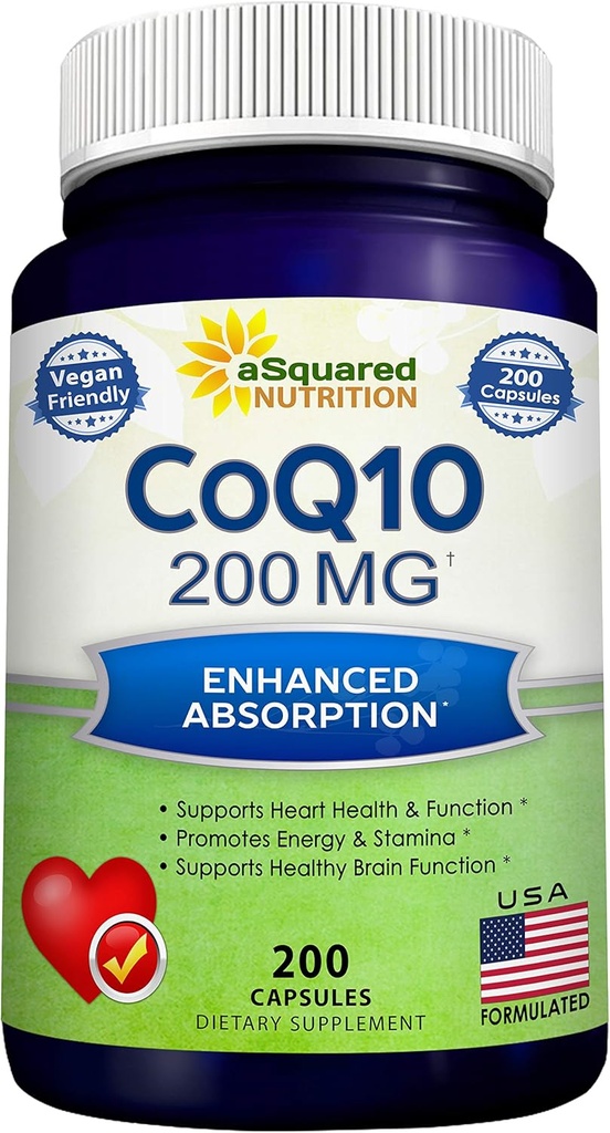 aSquared栄養CoQ10(200カプセルと200mg) - 高吸収ビーガンCO Q-10パウダー - Enzyme Ubiquinoneサプリメントピル、余分な酸化防止補酵素Q10ビタミン、Coq 10 SoftgelsにAlernative