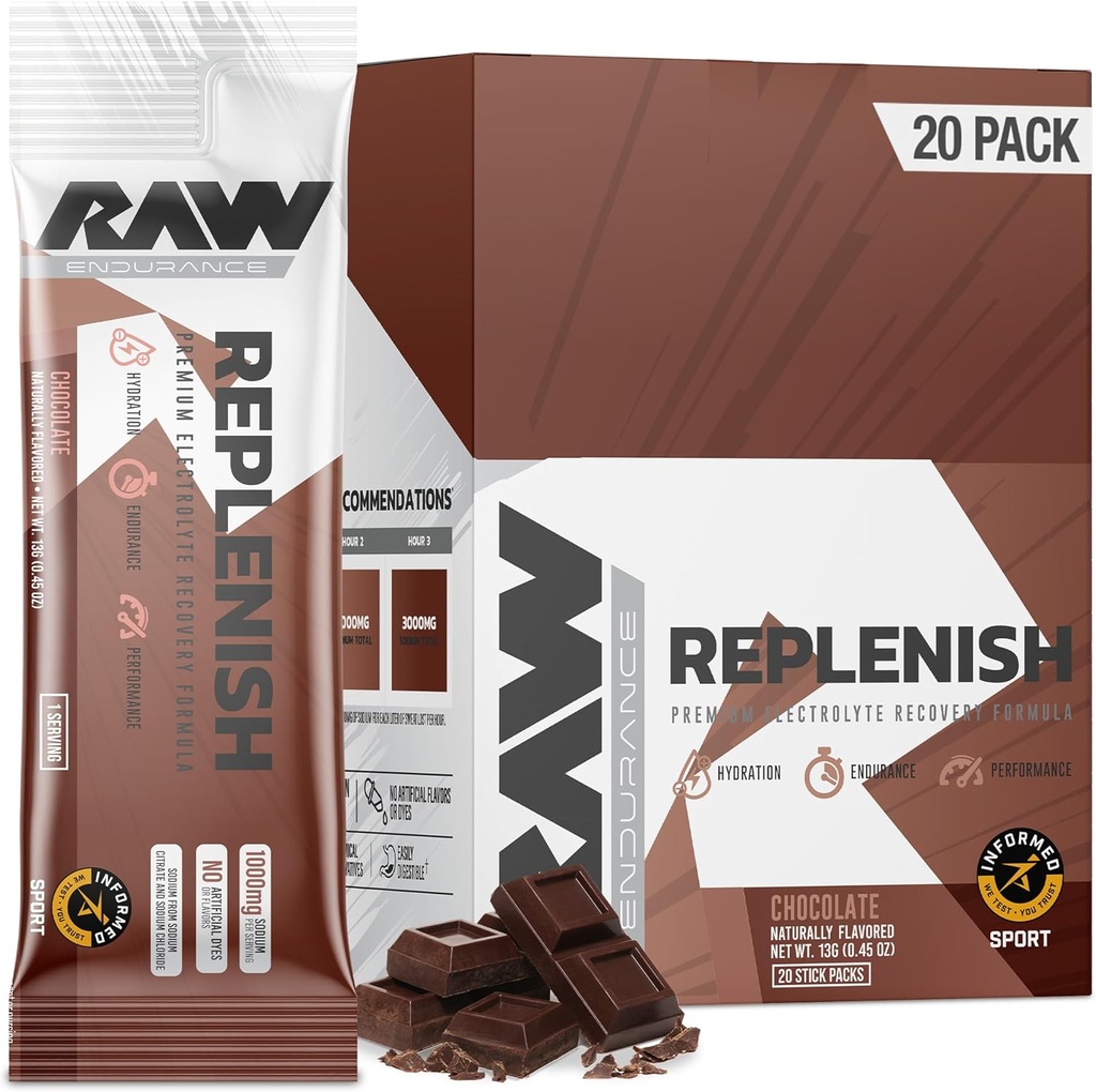 RAW Replenish Packets、Premium Electrolytesパウダーリカバリフォーミュラ、チョコレート(20スティックパック) - 水分補給、補充、耐久性、およびパフォーマンスワークアウトのための風味豊かな電解ドリンクミックス