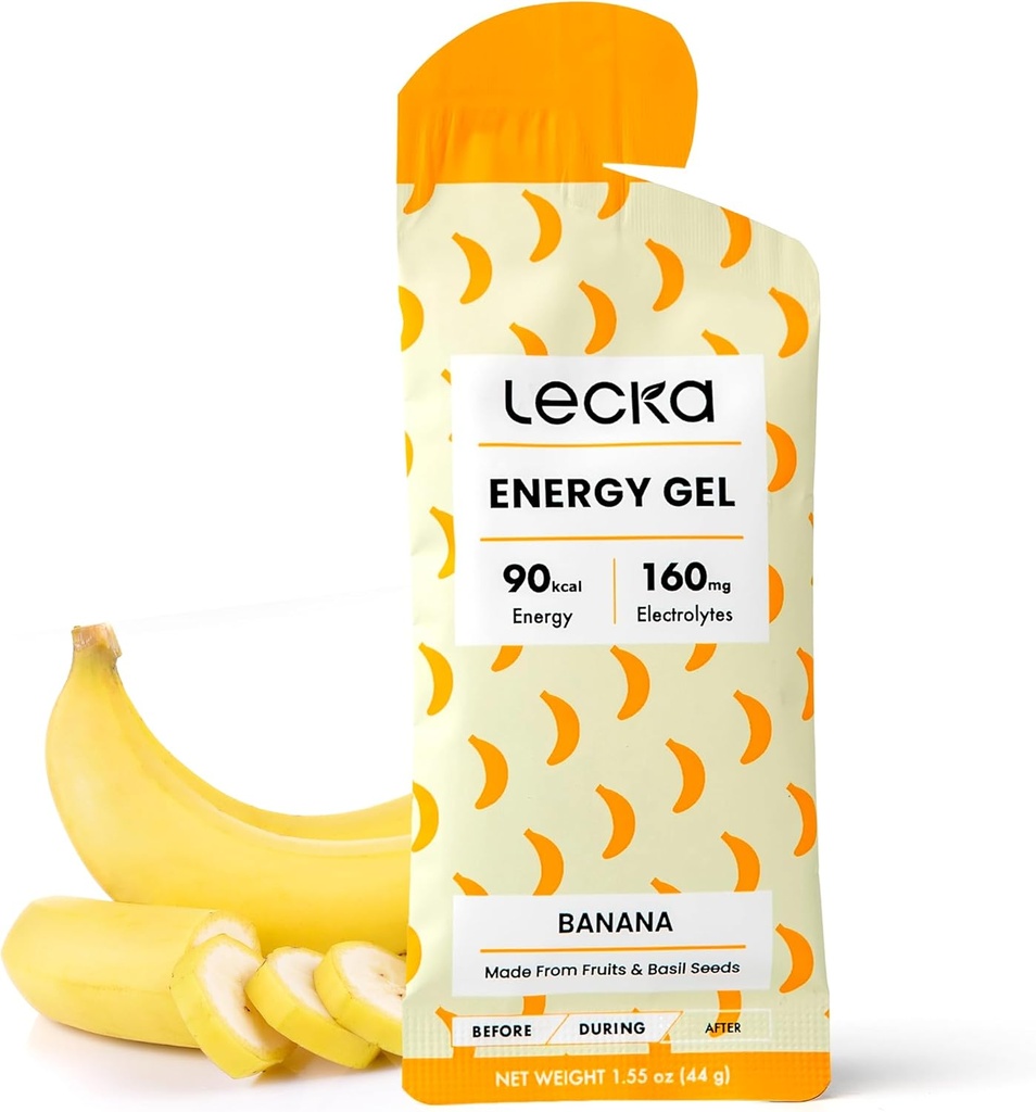 Lecka Energy Gel, 12 ゲル | 持久力運動用, 実の果物とバジル種子で作られた, 自然エネルギーと電解液を提供 (12 ゲル, バナナ)