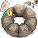 ラウンドウィークリーピルオーガナイザー、TPUゴム化、旅行ピルコンテナ7日、7大コンパートメント、毎日のビタミン&サプリメントに最適、大文字とブレール付きのかわいいピルケース(グレー)