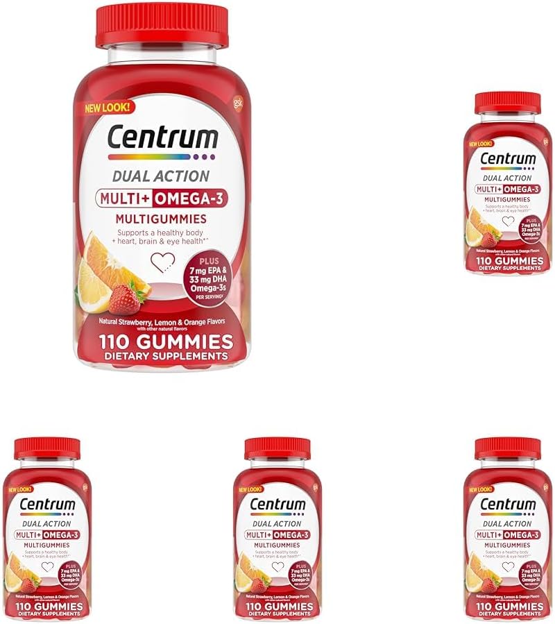 Centrum MultiGummies Multi+オメガ3デュアルアクション、大人マルチビタミン、マルチビタミン/マルチミネラル/オメガ3サプリメント、いちご/レモン/オレンジ味 - 110カウント(5のパッケージ)