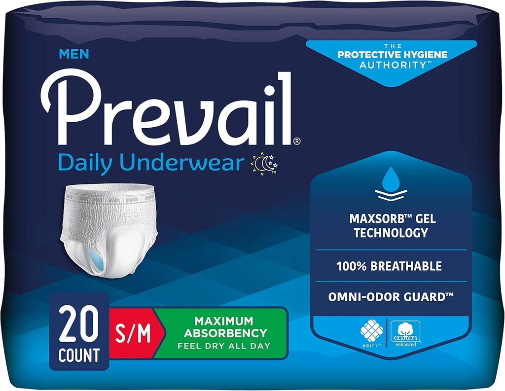 Prevail - 男性の保護下着 - プルアップ着下着 - 使い捨て大人のおむつ - 最大吸水性 - 小/中 - 20 カウント