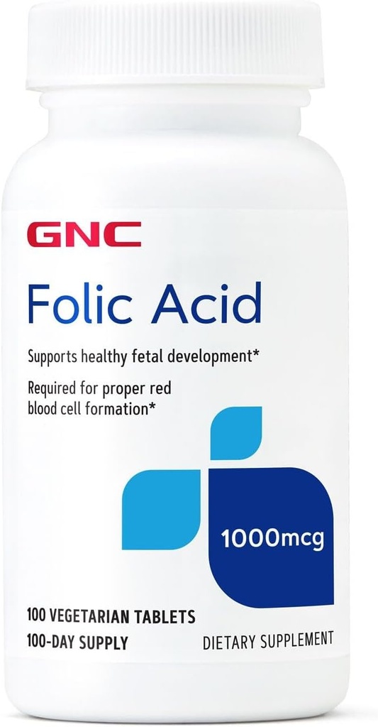 GNC Folic Acid 1000mcg, Supports Healthy Fetal Development, Required for Proper Red Blood Cell Formation, Vegetarian Formula, 100 Count