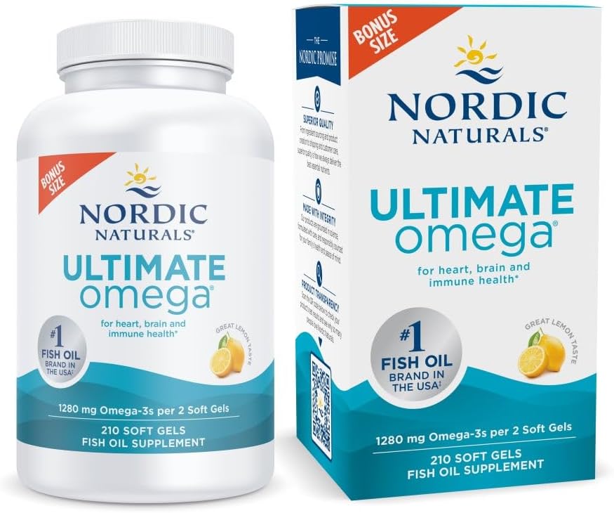 Nordic Naturals Ultimate Omega、レモンフレーバー - 210 ソフトジェル - 1280 mg Omega-3 - EPA&DHAと高周波魚油 - 脳と心臓の健康を促進 - 非GMO - 105 サービング