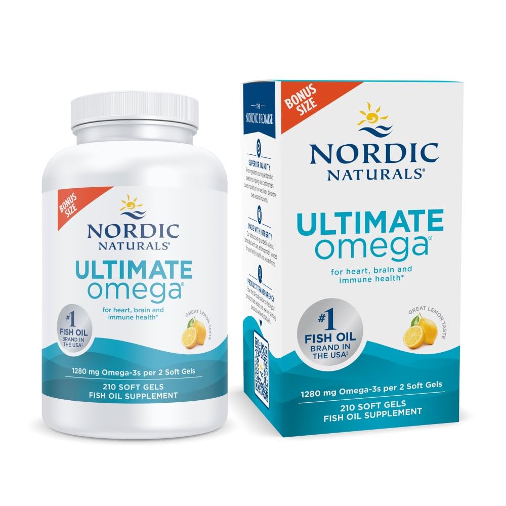 Nordic Naturals Ultimate Omega、レモンフレーバー - 210 ソフトジェル - 1280 mg Omega-3 - EPA&DHAと高周波魚油 - 脳と心臓の健康を促進 - 非GMO - 105 サービング