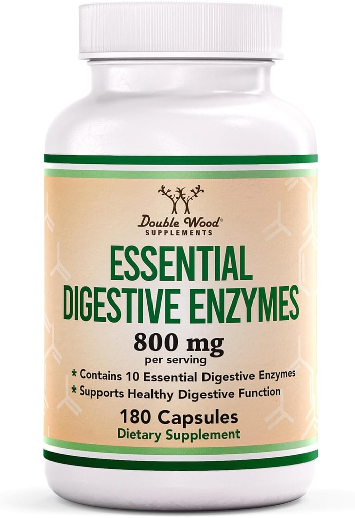 Digestive Enzymes - 800mg Blend of All 10 Most Essential Digestive and Pancreatic Enzymes (Amylase, Lipase, Bromelain, Lactase, Papain, Protease, Cellulase, Maltase, Invertase) by Double Wood