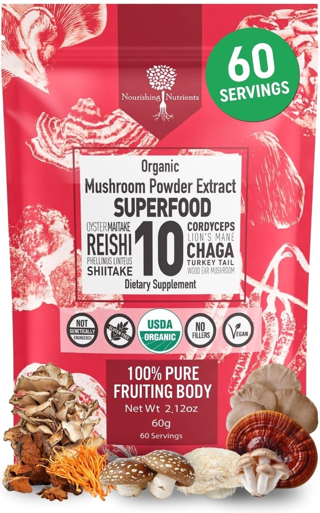 有機のきのこの粉のエキス-Superfood 10の補足14xのより強い100%の純粋なUSDAの免除ブースター- Reishi、Chaga、Cordyceps、Shiitake、ライオンのマイン、トルコの尾および多く。 コーヒー/ティー60グラムに追加