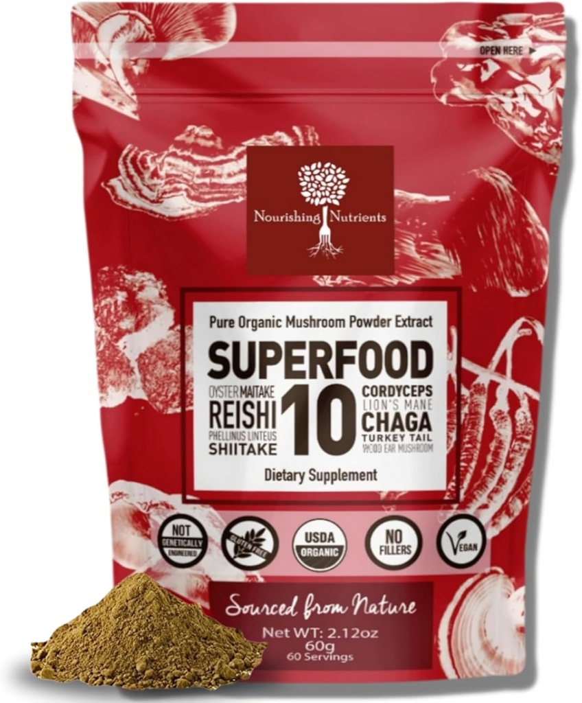 有機のきのこの粉のエキス-Superfood 10の補足14xのより強い100%の純粋なUSDAの免除ブースター- Reishi、Chaga、Cordyceps、Shiitake、ライオンのマイン、トルコの尾および多く。 コーヒー/ティー60グラムに追加