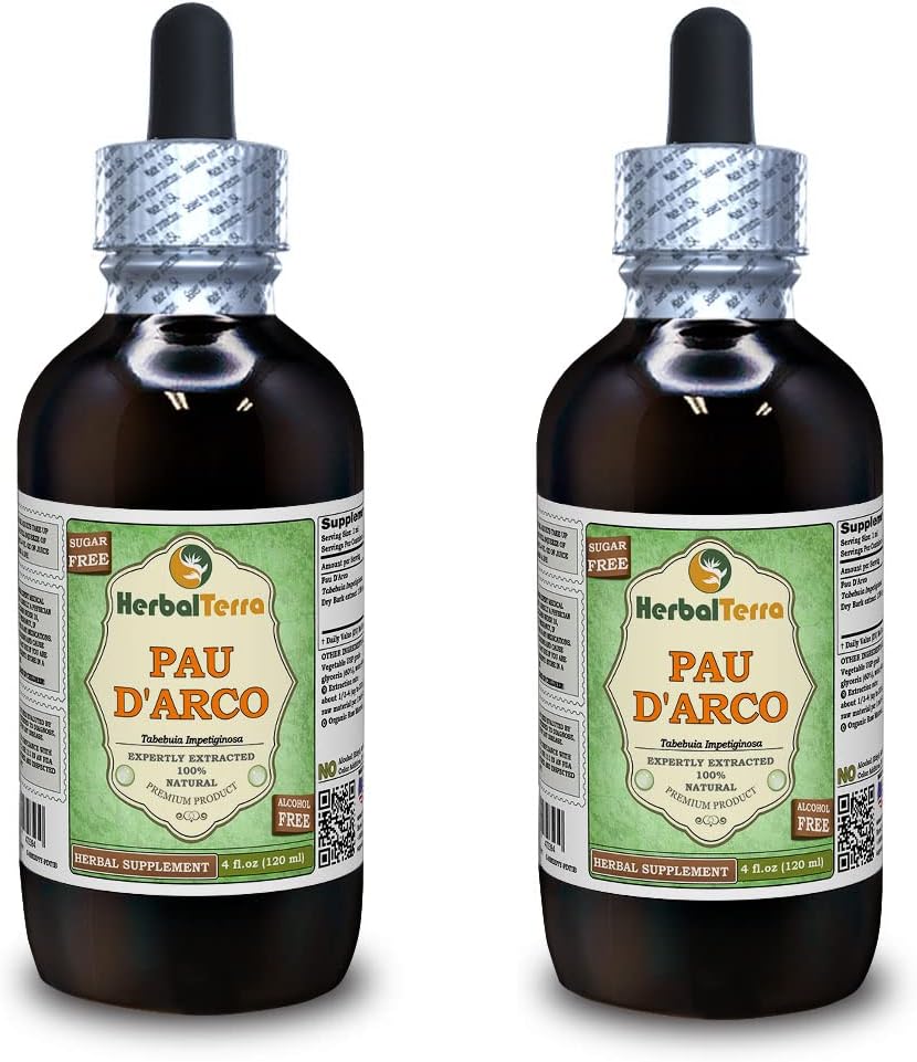 PAU d'arco (Tabebuia Impetiginosa) グリセライト, 乾燥樹皮アルコールフリー液体抽出物 (ブランド名: HerbalTerra, 米国製) 2x4 fl.oz (2x120 ml)