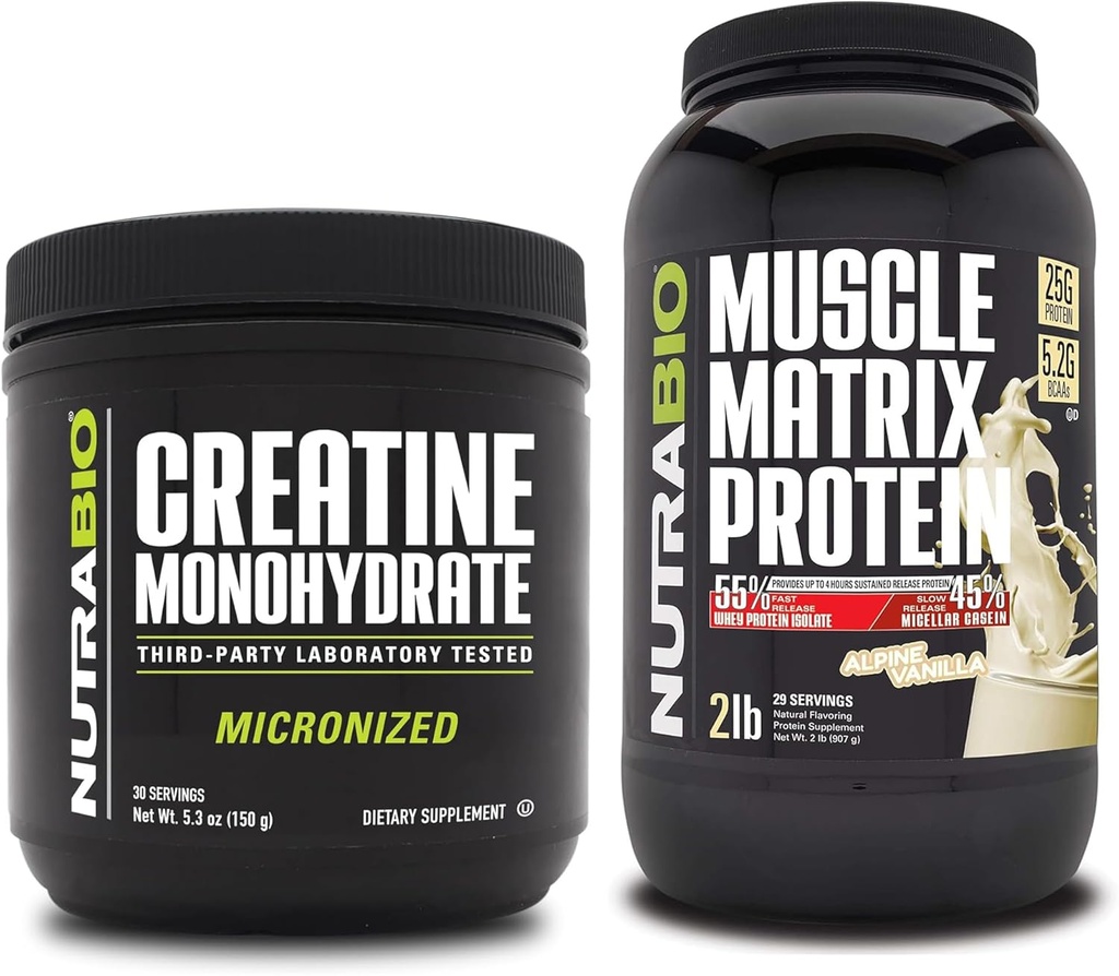 NutraBioクレアチンモノハイドレート、非風味、(150 g)およびマッスルマトリックスタンパク質粉末(Vanilla)サプリメントバンドル - 筋肉エネルギー、最大成長、回復、および強度