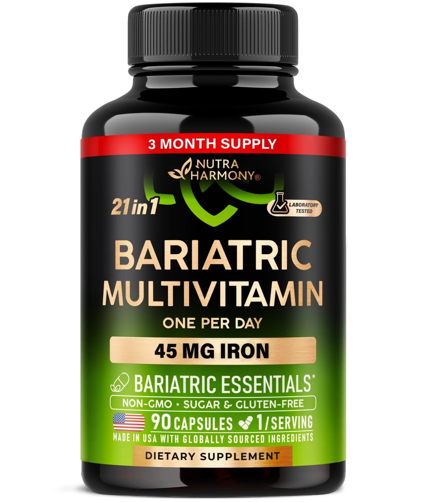 Bariatric Multivitamin - 45 mgの鉄のサプリメント - アメリカ製 - 女性&男性用 - オールインワン、21エッセンシャルビタミン - 胃の袖サポート - 砂糖、グルテンフリー&大豆 - 90カプセル、一度毎日
