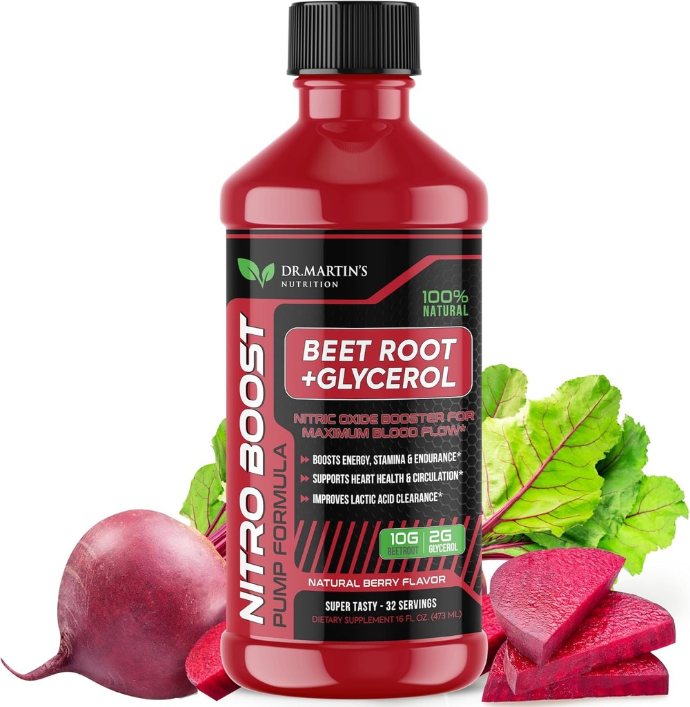 DR. MARTIN'S NUTRITION NitroBeet 12,000mg Beet Root + Glycerol for Blood Flow, Pumps & Endurance | 心の健康と循環をサポート | 男性と女性のための自然なビートルートサプリメント